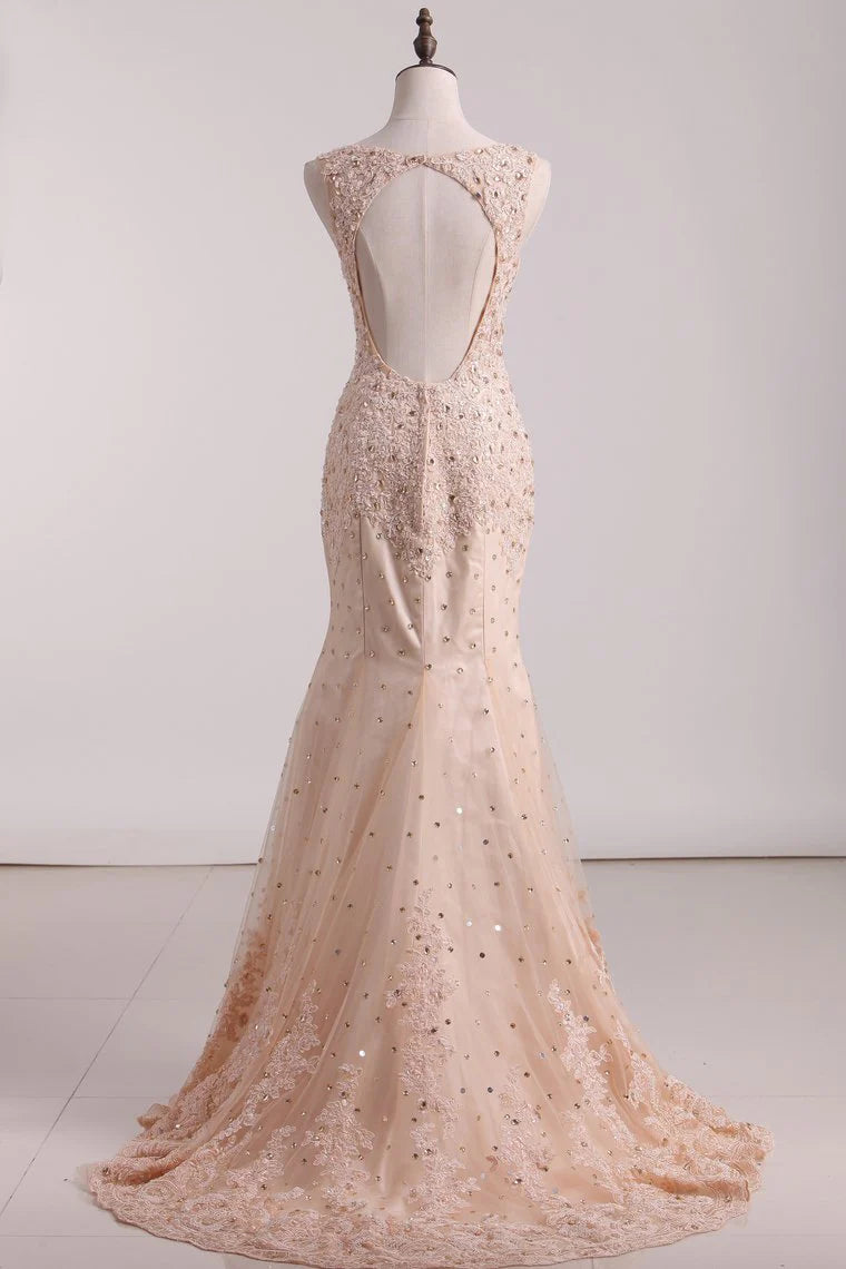 Party Dresses See-Through Scoop With Applique And Beading Tulle Mermaid